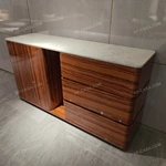 Contemporary High-Gloss Natural Wood Veneer Sideboard with White Marble Top, Double-Door Storage and Three Wide Drawers